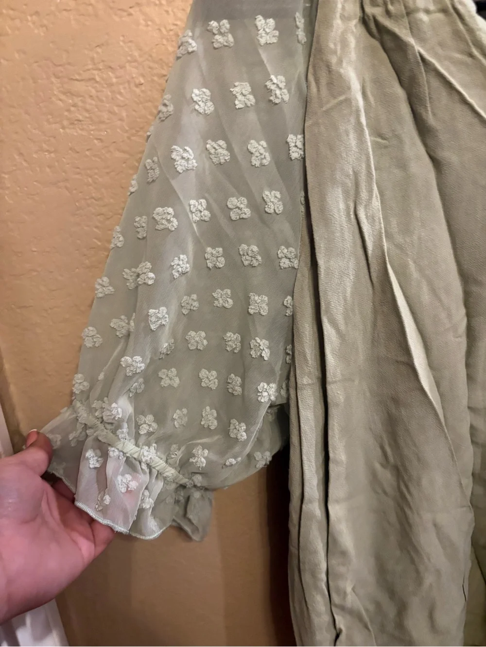 Umgee Sage Green Embroidered Sleeve Button-Front Blouse
